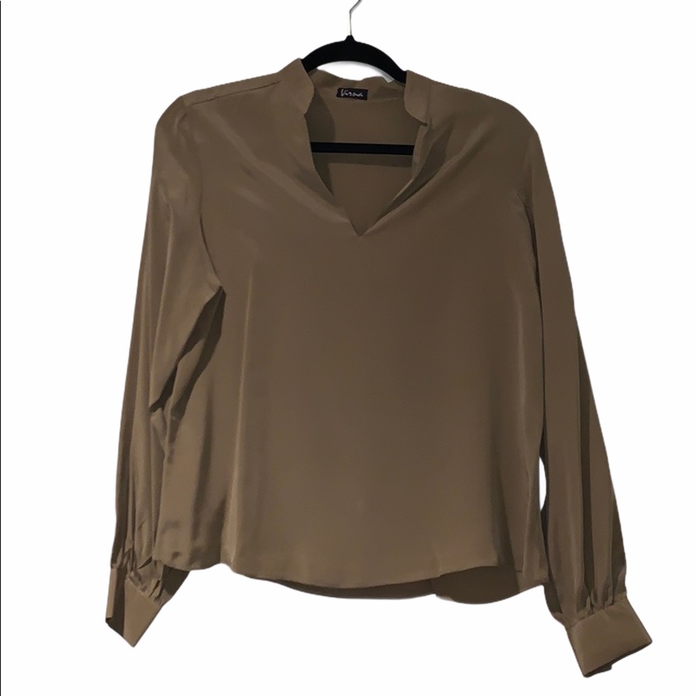 long sleeve 100% silk beige/tan blouse in size M